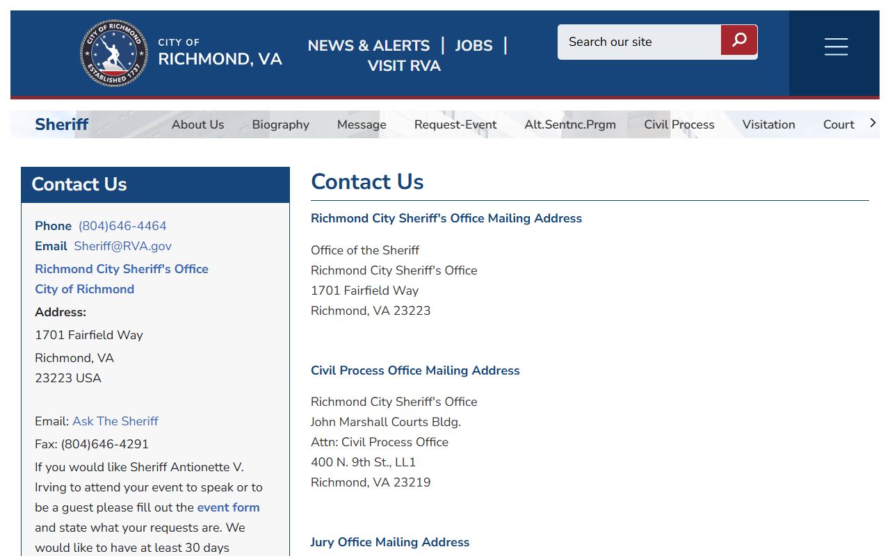 Richmond Sheriff's Office contact information for inmate population records