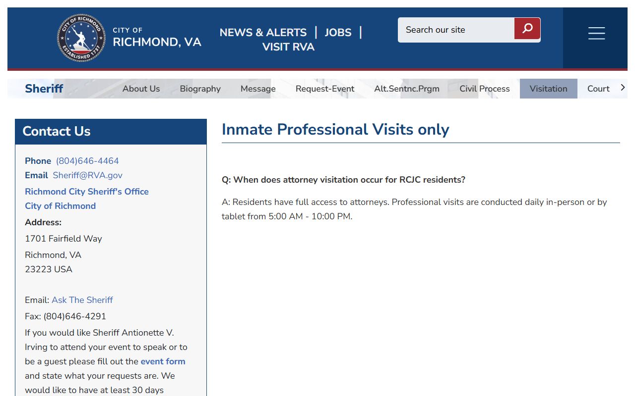 Richmond Justice Center inmate population visitation information