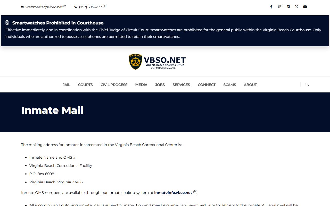 Virginia Beach Correctional Center inmate population mail procedures