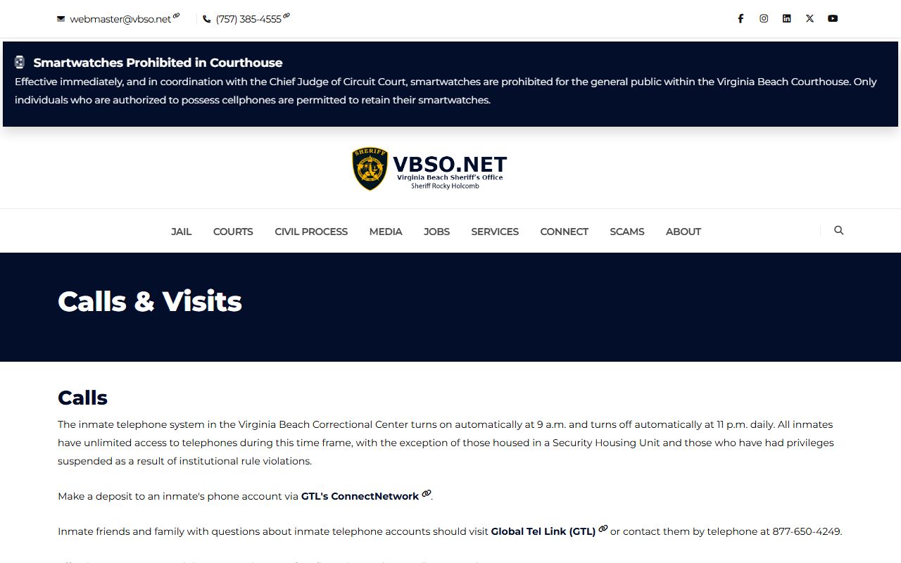 Virginia Beach Correctional Center inmate population visitation information