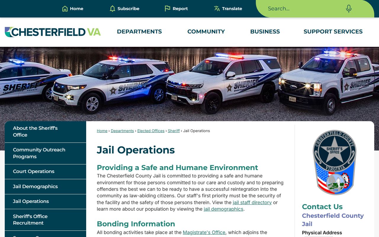 Chesterfield County Jail operations for inmate population information