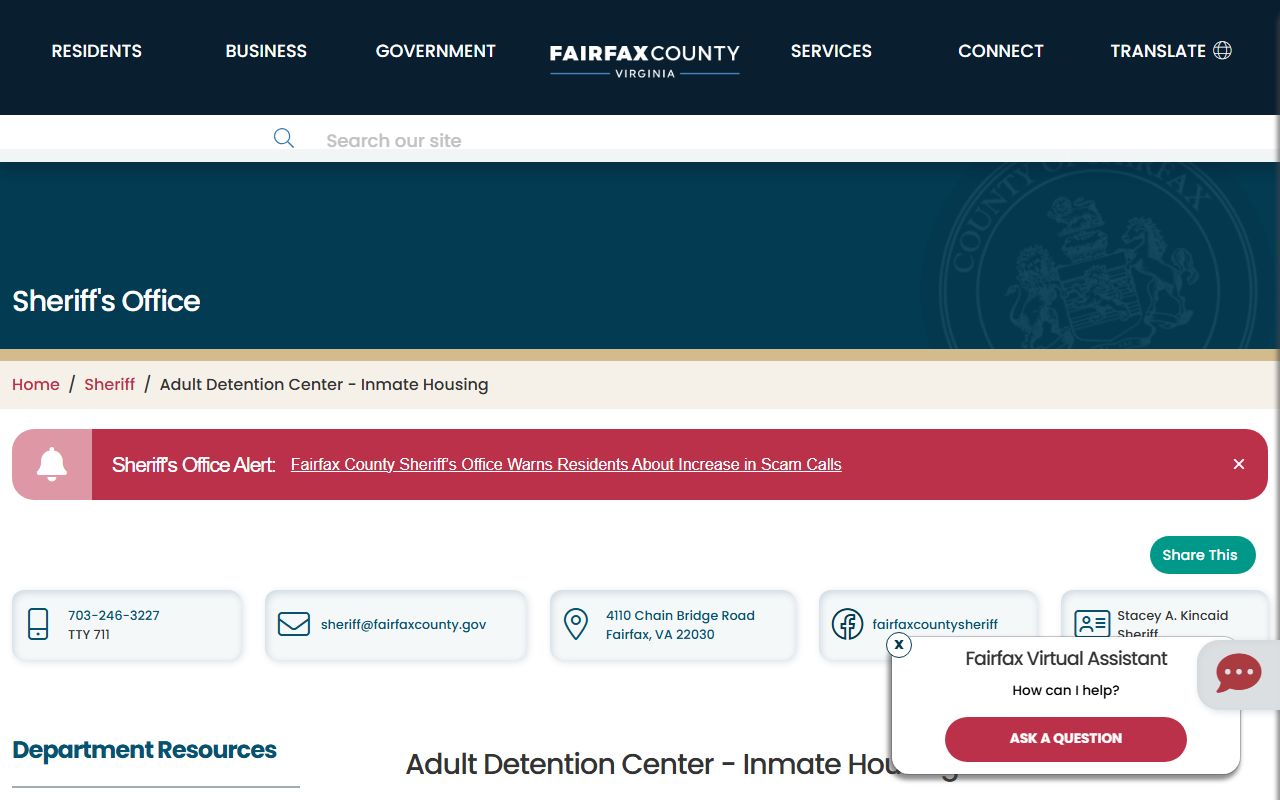 Fairfax County ADC housing information for inmate population