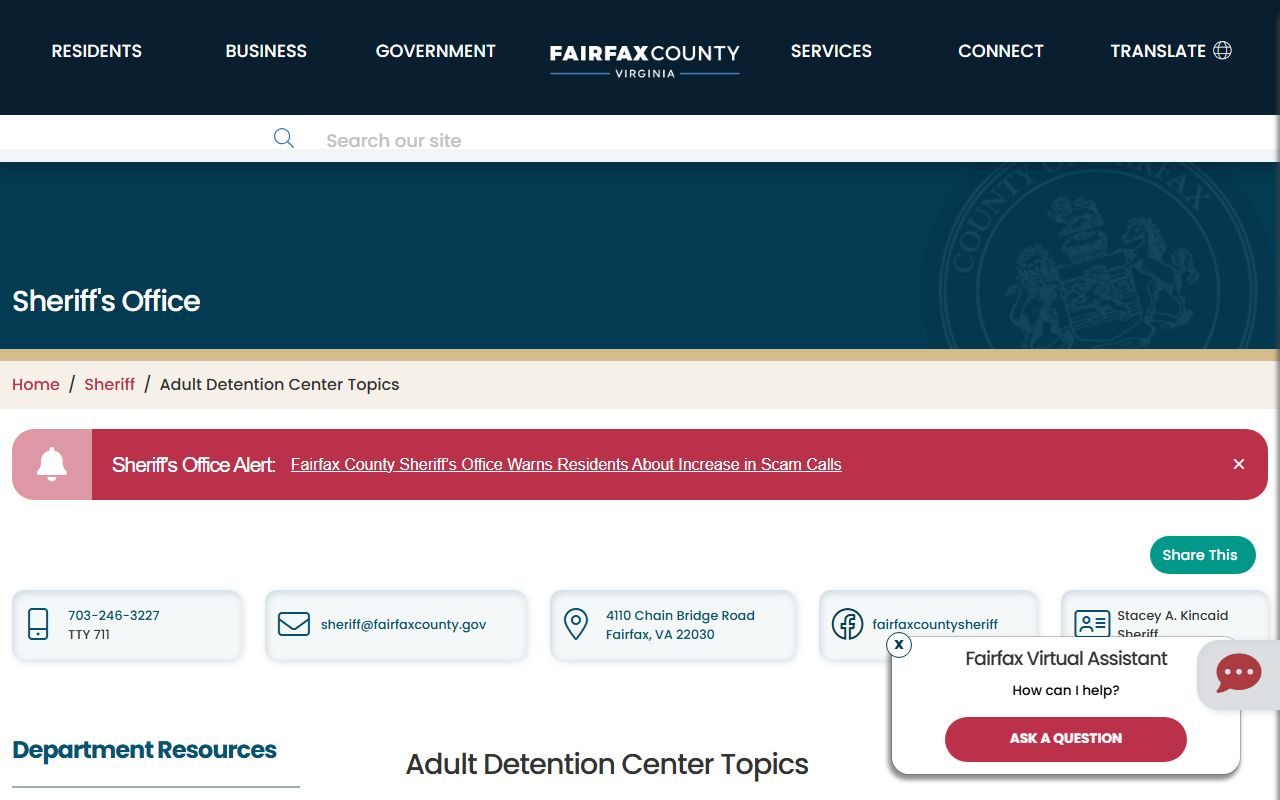 Fairfax County ADC topics page for inmate population services