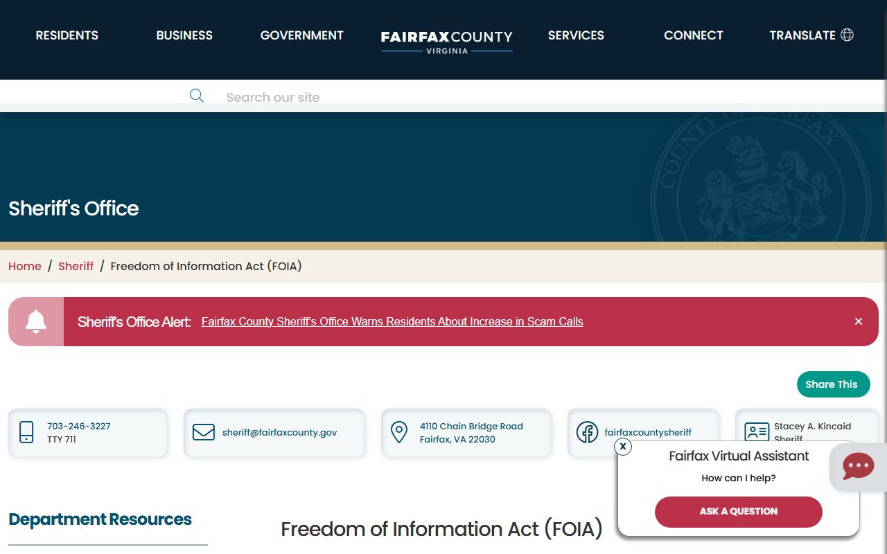 Fairfax County Sheriff FOIA page for inmate population records