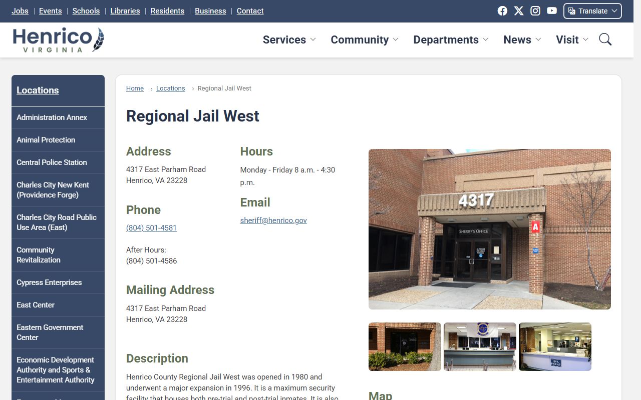Henrico County Jail West inmate population facility information