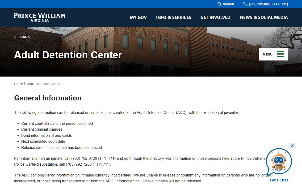 Prince William County Adult Detention Center general information for inmate population