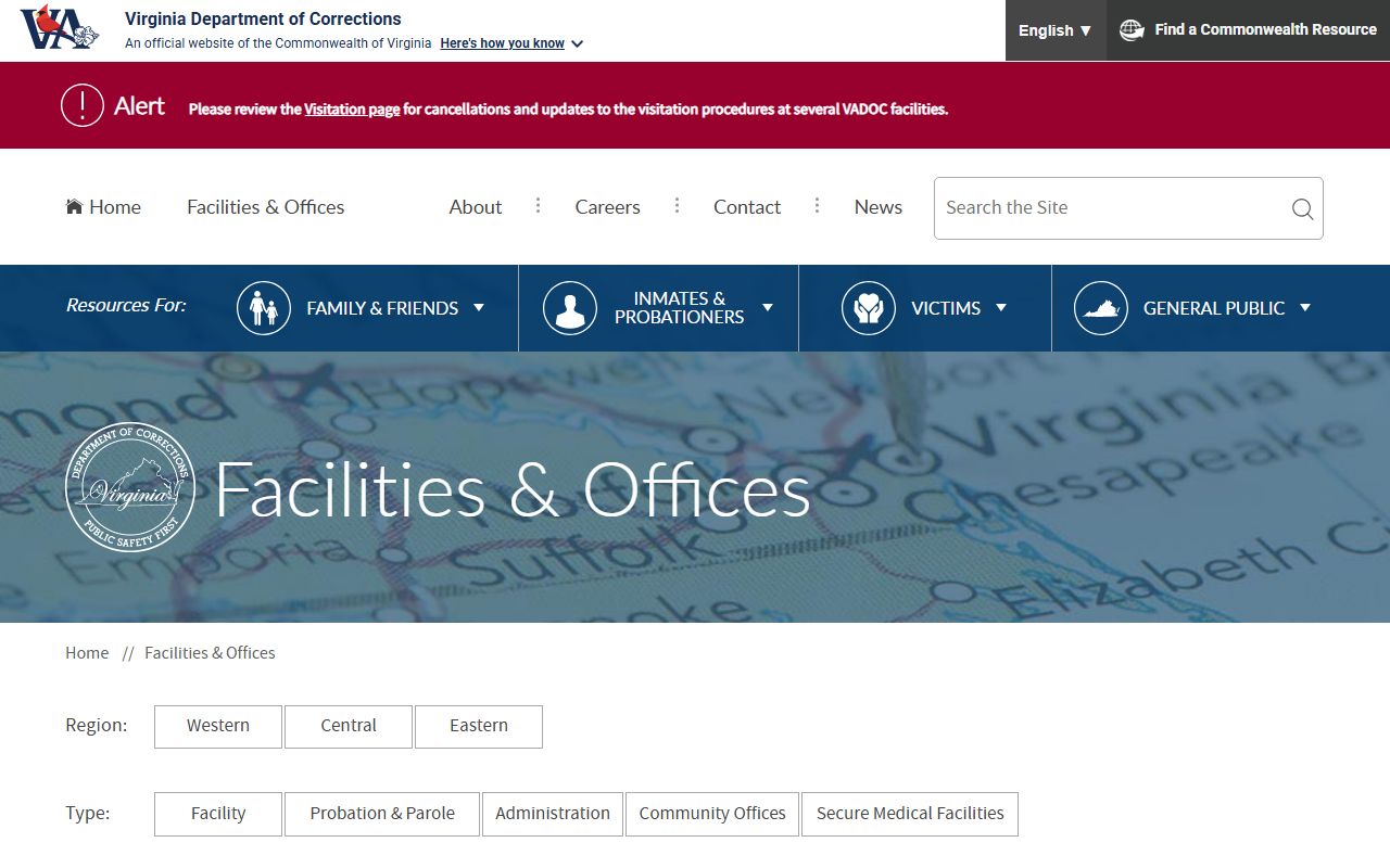 VADOC facilities map for Virginia inmate population