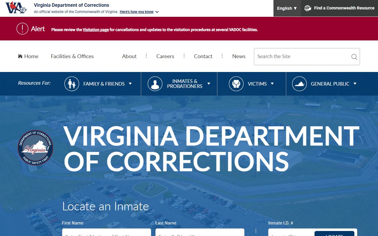 Virginia Department of Corrections homepage for inmate population search