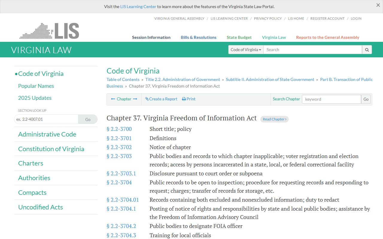 Virginia FOIA code chapter for inmate population records