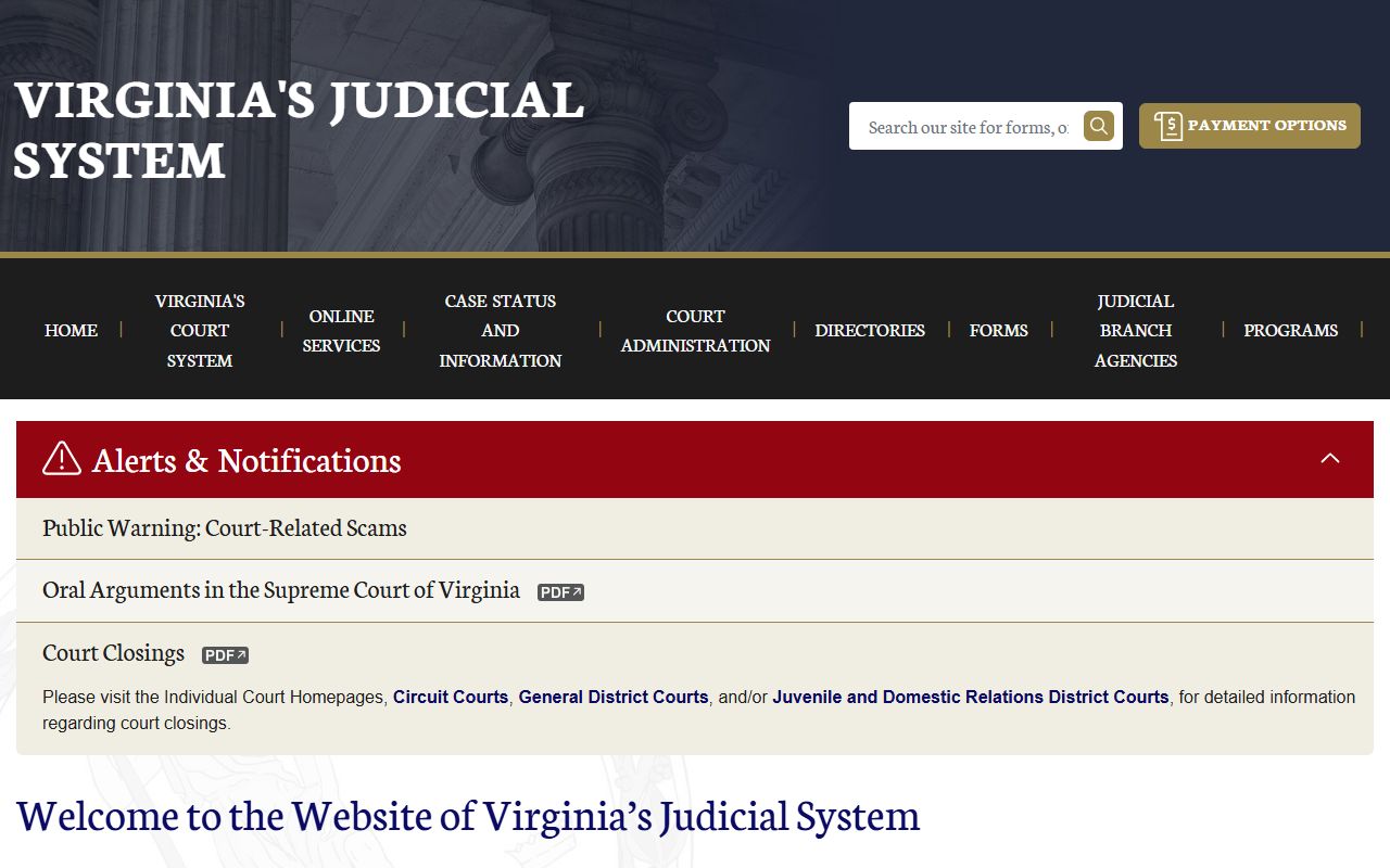 Virginia Judicial System portal for inmate population case lookup