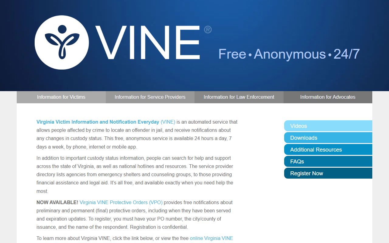 Virginia VINE inmate population notification site